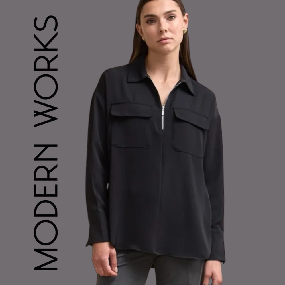 Black Zippered Blouse by Modern Works, NEW